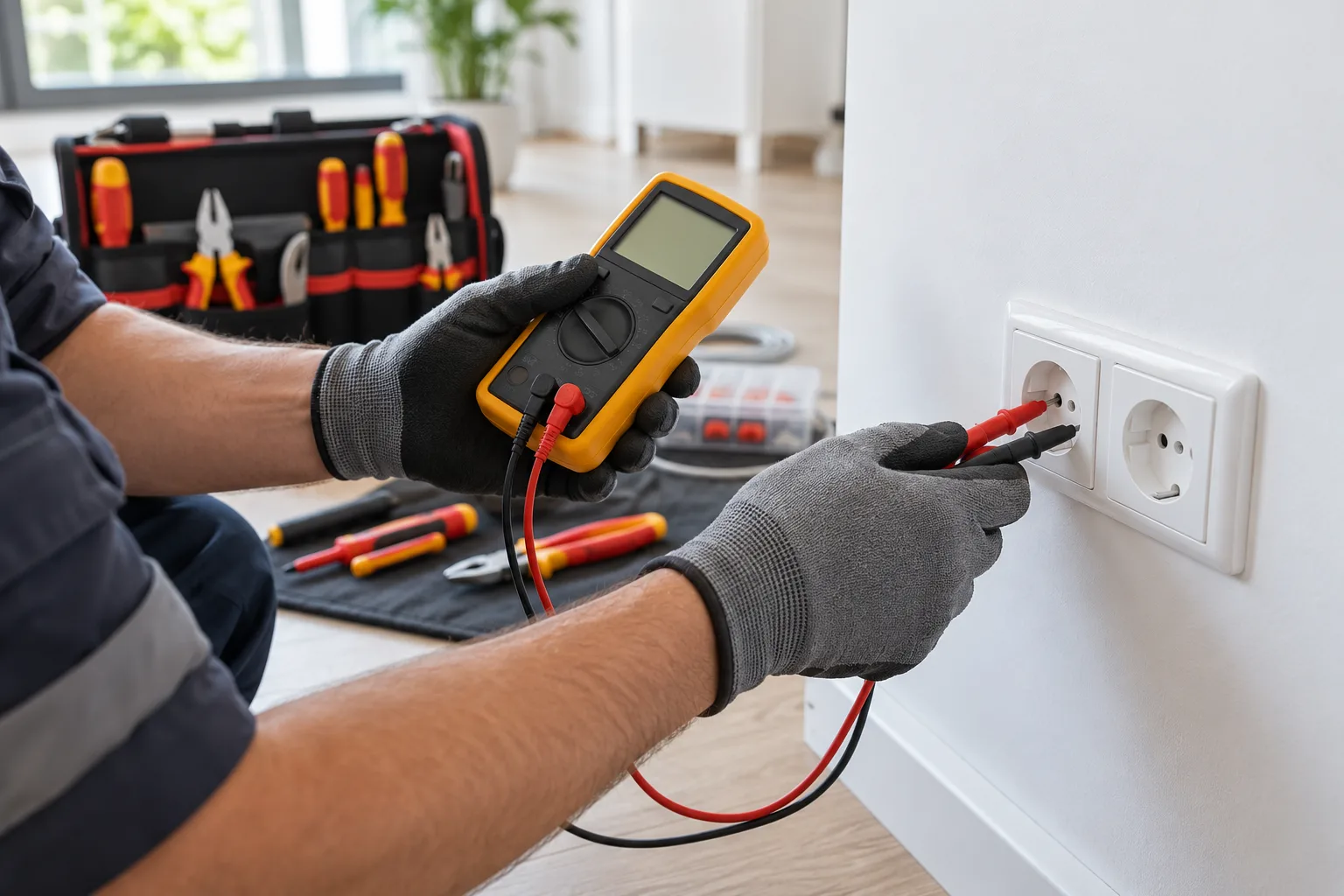 Elektrische Messung an einer Steckdose mit professionellem Prüfgerät